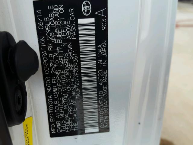 JTKJF5C77F3093611 - 2015 TOYOTA SCION TC 白色 照片 10