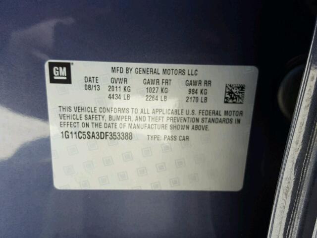1G11C5SA3DF353388 - 2013 CHEVROLET MALIBU 1LT 蓝色 照片 10