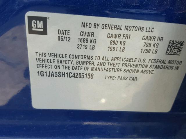 1G1JA5SH1C4205138 - 2012 CHEVROLET SONIC LS BLUE photo 10