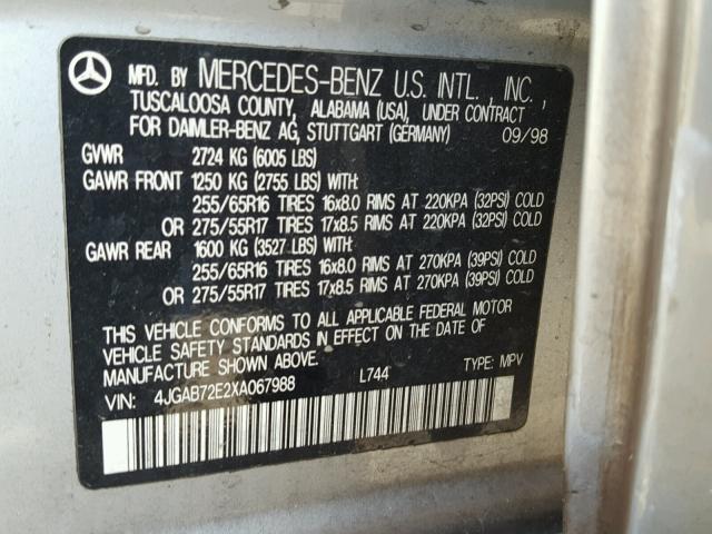 4JGAB72E2XA067988 - 1999 MERCEDES-BENZ ML 430 银色 照片 10