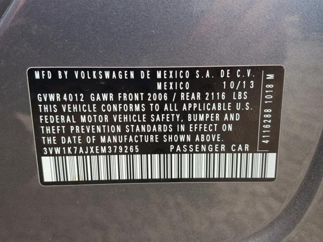 3VW1K7AJXEM379265 - 2014 VOLKSWAGEN JETTA BASE Մոխրագույն լուսանկար 10