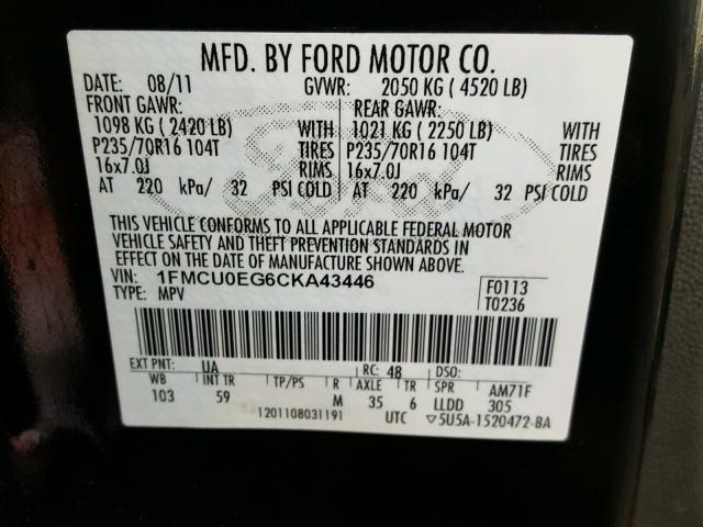 1FMCU0EG6CKA43446 - 2012 FORD ESCAPE LIM BLACK photo 10