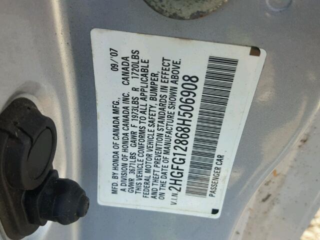 2HGFG12868H506908 - 2008 HONDA CIVIC SILVER photo 10