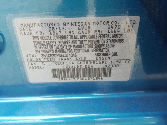 3N1CE2CP3EL371346 - 2014 NISSAN VERSA NOTE BLUE photo 10