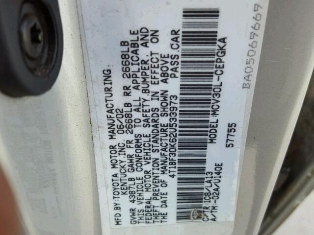 4T1BF30K62U533973 - 2002 TOYOTA CAMRY LE 银色 照片 10