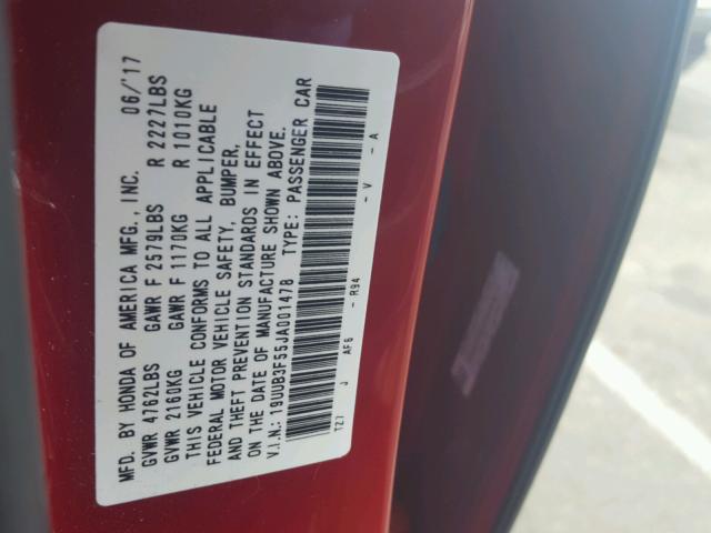 19UUB3F55JA001478 - 2018 ACURA TLX TECH RED photo 10