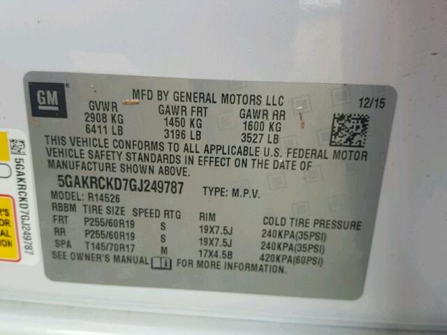 5GAKRCKD7GJ249787 - 2016 BUICK ENCLAVE თეთრი ფოტო 10