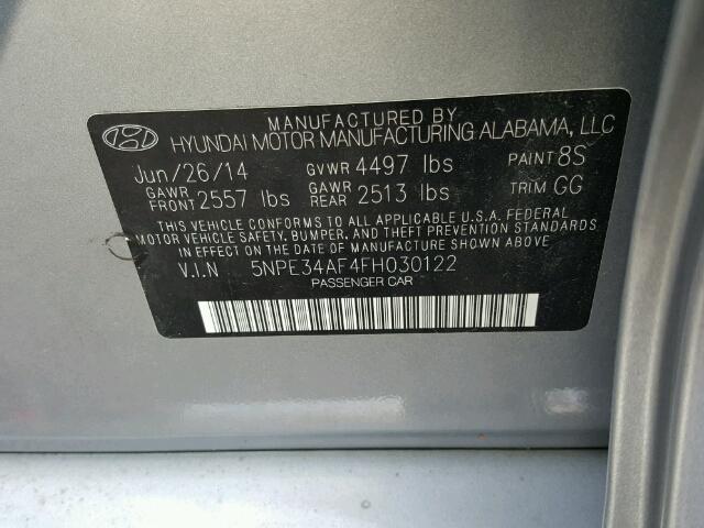 5NPE34AF4FH030122 - 2015 HYUNDAI SONATA GRAY photo 10