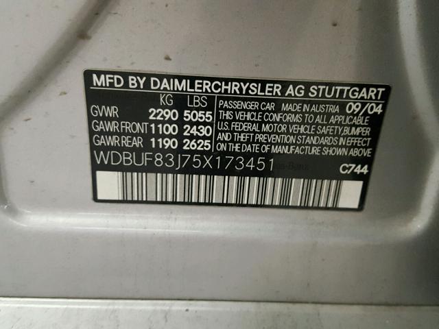 WDBUF83J75X173451 - 2005 MERCEDES-BENZ E550 SILVER photo 10