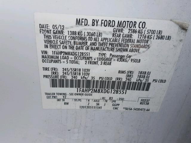 1FAHP2M8XDG128551 - 2013 FORD TAURUS POL WHITE photo 10