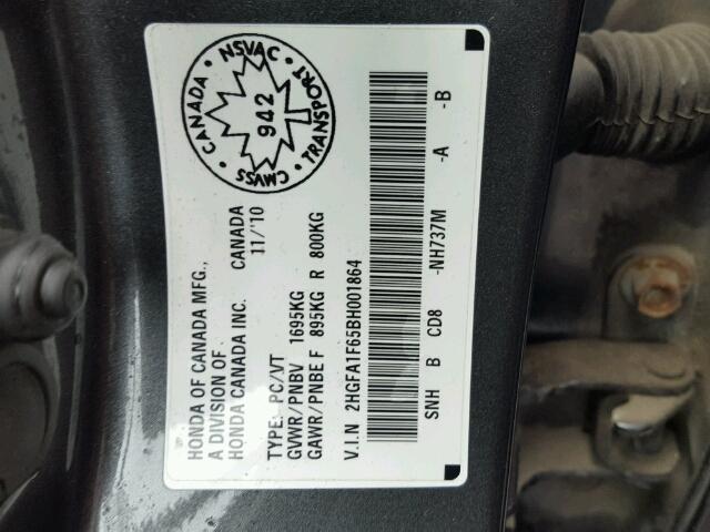 2HGFA1F65BH001864 - 2011 HONDA CIVIC LX-S GRAY photo 10