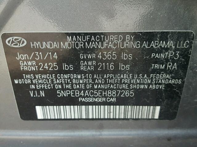 5NPEB4AC5EH887265 - 2014 HYUNDAI SONATA GRAY photo 10