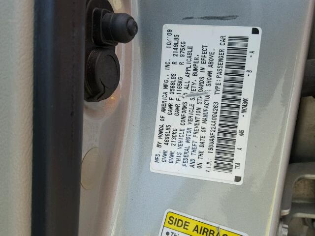 19UUA8F22AA004263 - 2010 ACURA TL GRAY photo 10