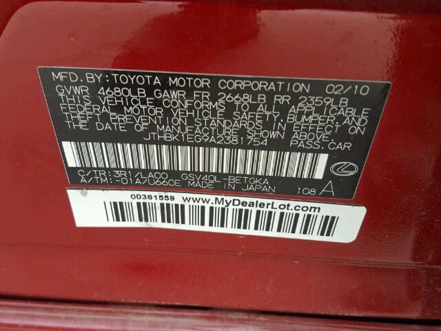 JTHBK1EG9A2381754 - 2010 LEXUS ES RED photo 10