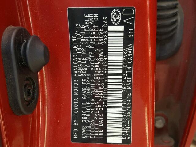 2T1BU4EE6DC964994 - 2013 TOYOTA COROLLA BA RED photo 10