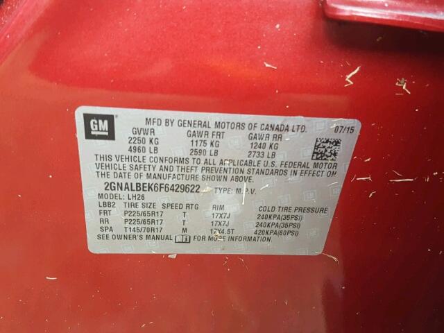 2GNALBEK6F6429622 - 2015 CHEVROLET EQUINOX RED photo 10