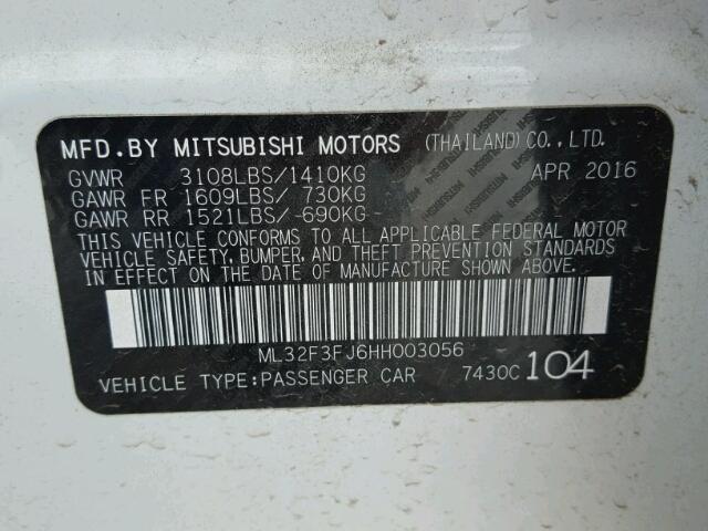 ML32F3FJ6HH003056 - 2017 MITSUBISHI MIRAGE WHITE photo 10