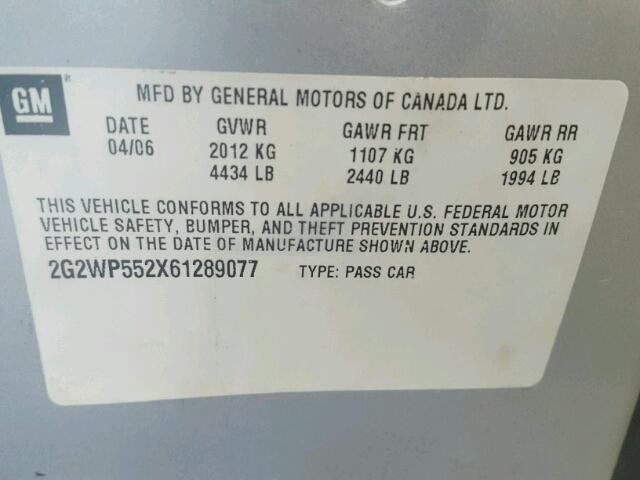 2G2WP552X61289077 - 2006 PONTIAC GRAND PRIX GRAY photo 10