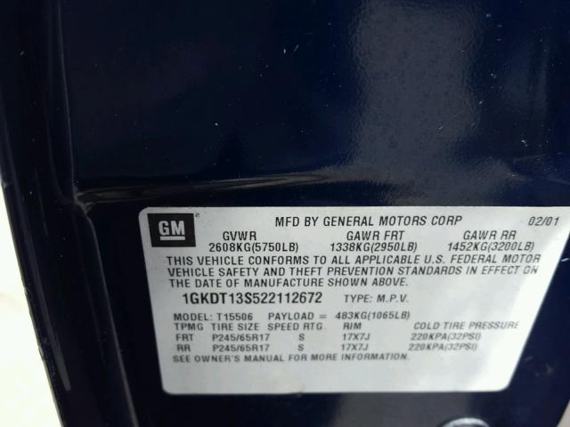 1GKDT13S522112672 - 2002 GMC ENVOY BLUE photo 10