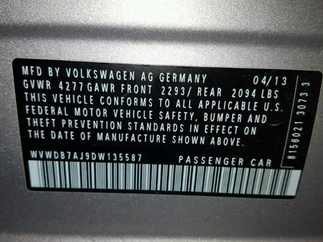 WVWDB7AJ9DW135587 - 2013 VOLKSWAGEN GOLF SILVER photo 10
