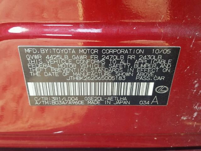 JTHBK262065005183 - 2006 LEXUS IS 250 RED photo 10