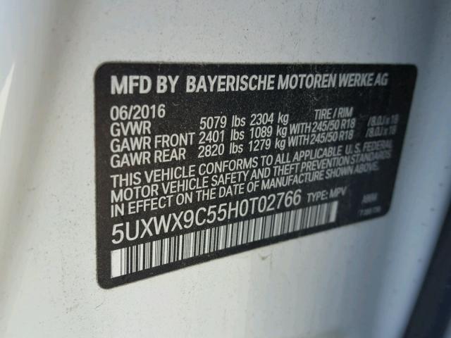 5UXWX9C55H0T02766 - 2017 BMW X3 XDRIVE2 WHITE photo 10