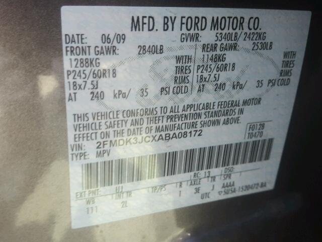 2FMDK3JCXABA08172 - 2010 FORD EDGE GRAY photo 10