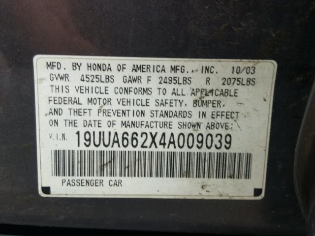 19UUA662X4A009039 - 2004 ACURA TL GRAY photo 10