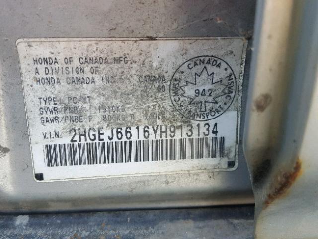 2HGEJ6616YH913134 - 2000 HONDA CIVIC BASE SILVER photo 10