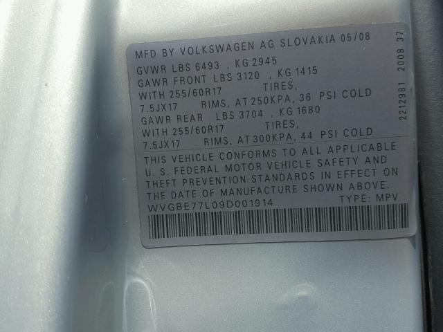 WVGBE77L09D001914 - 2009 VOLKSWAGEN TOUAREG 2 SILVER photo 10