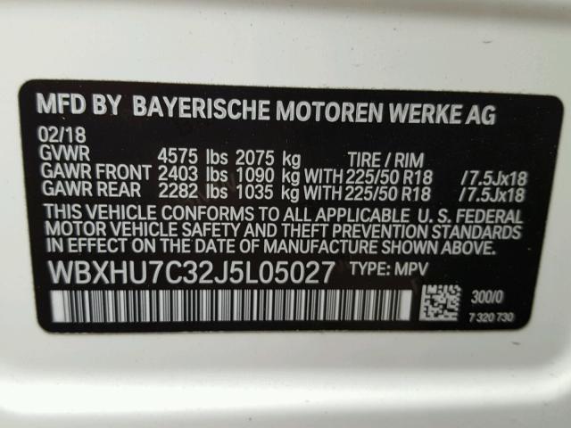 WBXHU7C32J5L05027 - 2018 BMW X1 SDRIVE2 WHITE photo 10