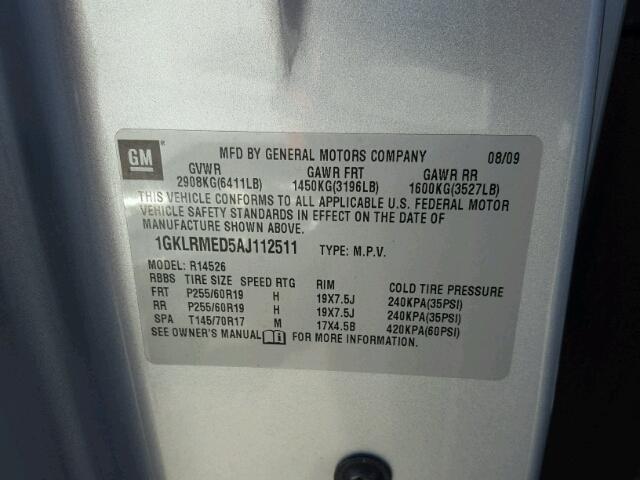 1GKLRMED5AJ112511 - 2010 GMC ACADIA SLT 银色 照片 10