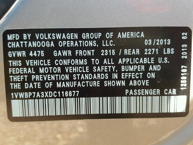 1VWBP7A3XDC116877 - 2013 VOLKSWAGEN PASSAT GRAY photo 10