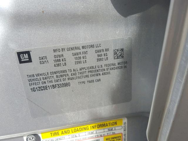 1G1ZC5E11BF330980 - 2011 CHEVROLET MALIBU 1LT SILVER photo 10