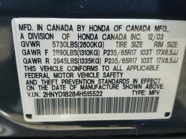 2HNYD18284H515522 - 2004 ACURA MDX GRAY photo 10