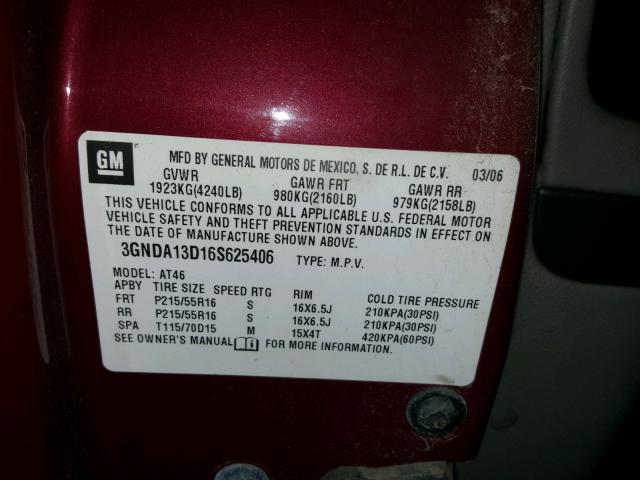 3GNDA13D16S625406 - 2006 CHEVROLET HHR LS მუქწითელი ფოტო 10