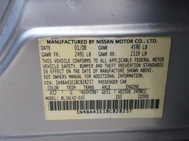 1N4BA41E18C828257 - 2008 NISSAN MAXIMA SE SILVER photo 10