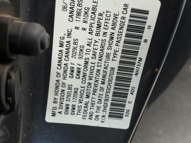 2HGFB2F93CH307038 - 2012 HONDA CIVIC EXL 灰色 照片 10