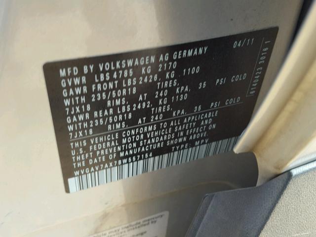 WVGAV7AX7BW557154 - 2011 VOLKSWAGEN TIGUAN S SILVER photo 10