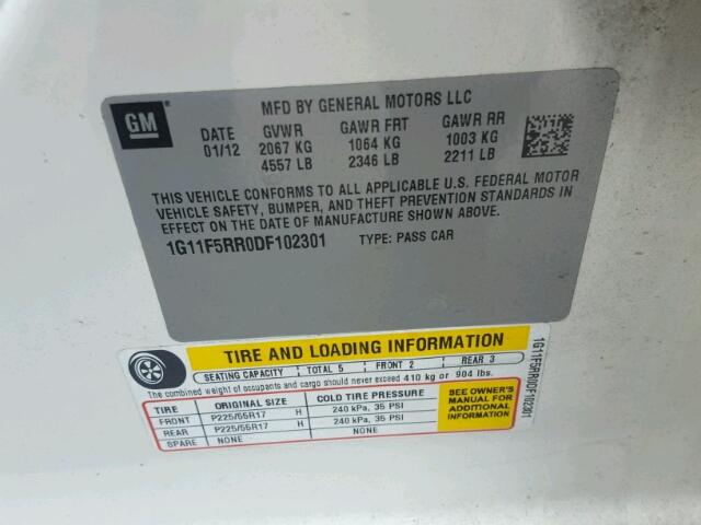 1G11F5RR0DF102301 - 2013 CHEVROLET MALIBU WHITE photo 10