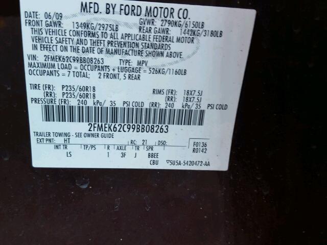 2FMEK62C99BB08263 - 2009 FORD FLEX SEL მუქწითელი ფოტო 10