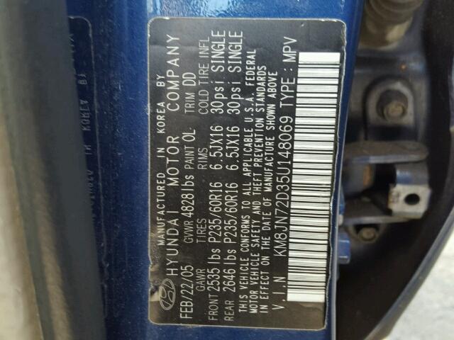 KM8JN72D35U148069 - 2005 HYUNDAI TUCSON GLS BLUE photo 10