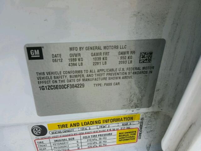 1G1ZC5E00CF384229 - 2012 CHEVROLET MALIBU 1LT 白色 照片 10