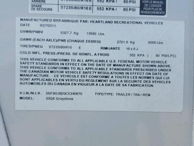 5SFSG3620CE240670 - 2012 HEART LAND GREYSTONE GRAY photo 10