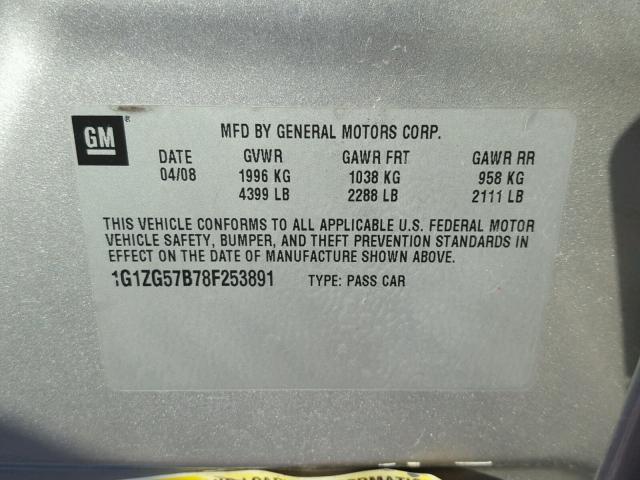 1G1ZG57B78F253891 - 2008 CHEVROLET MALIBU LS ვერცხლისფერი ფოტო 10