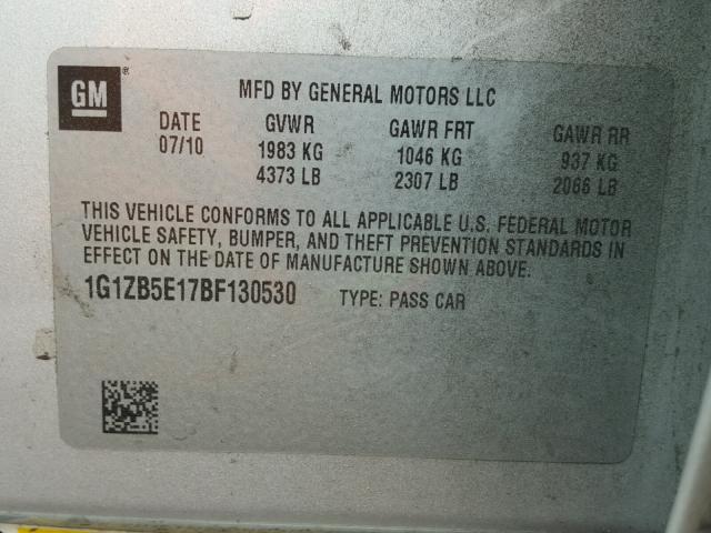 1G1ZB5E17BF130530 - 2011 CHEVROLET MALIBU LS ვერცხლისფერი ფოტო 10