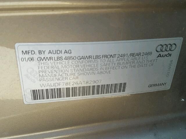 WAUDF78E26A182907 - 2006 AUDI A4 2.0T QU GOLD photo 10