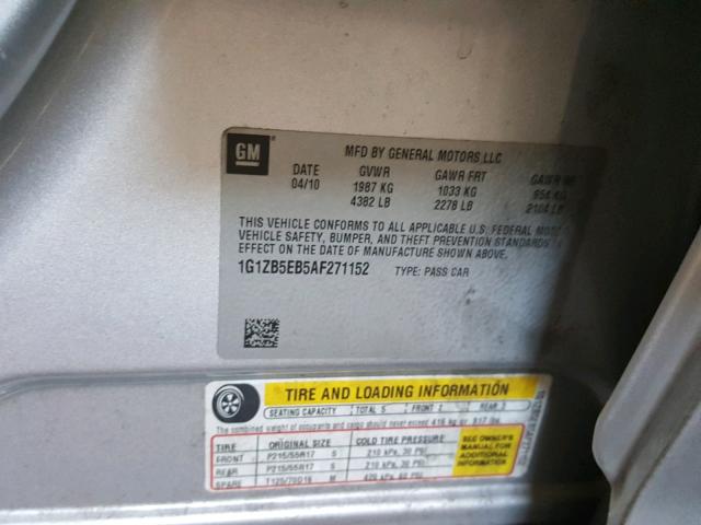 1G1ZB5EB5AF271152 - 2010 CHEVROLET MALIBU LS ვერცხლისფერი ფოტო 10