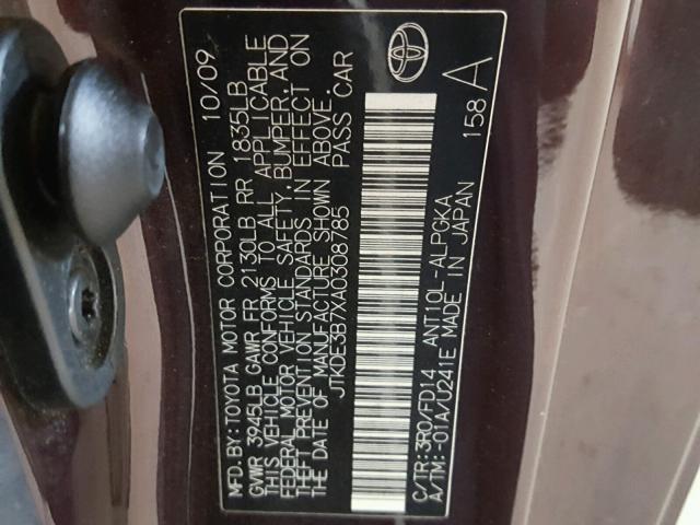 JTKDE3B7XA0308785 - 2010 TOYOTA SCION TC 栗色 照片 10