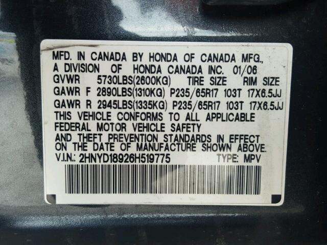 2HNYD18926H519775 - 2006 ACURA MDX GRAY photo 10